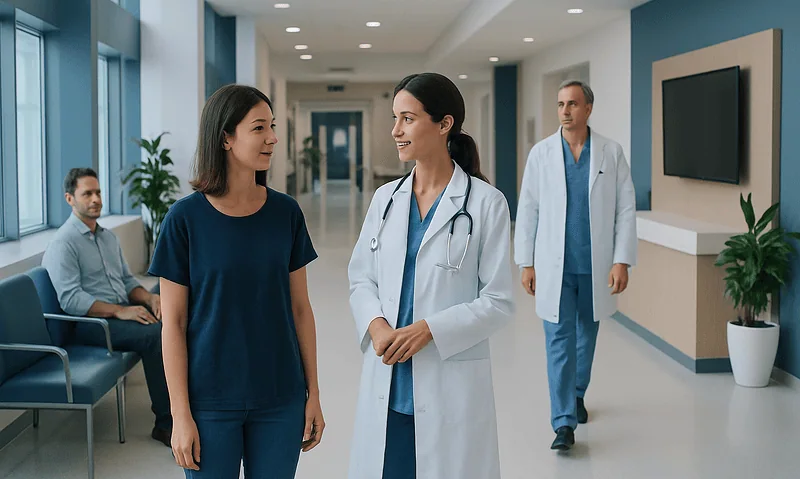 Medical professionals and patient in a hospital corridor.