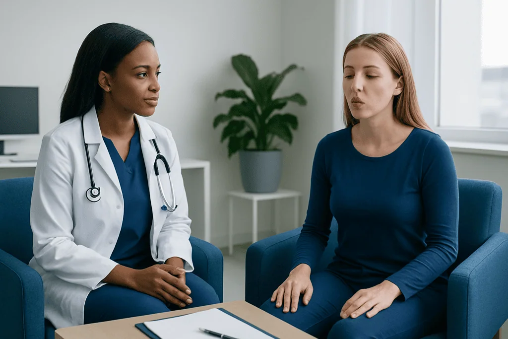 Doctor consulting a patient in a medical office setting.