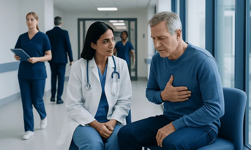 Doctor examining a patient with chest pain in hospital corridor.
