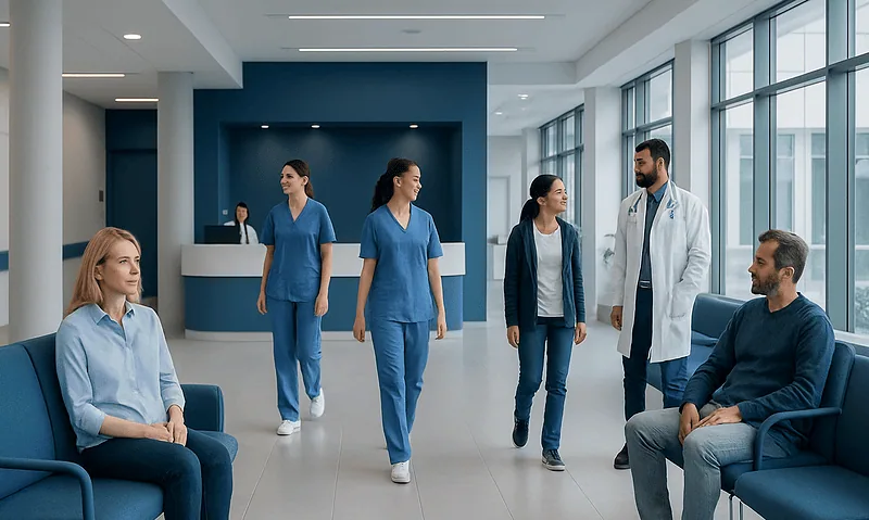 Modern hospital lobby with medical staff and patients in a healthcare setting.