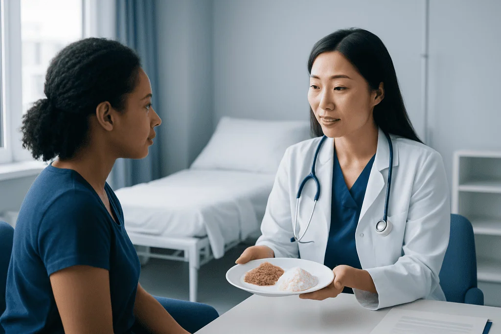 Doctor explaining healthy rice options to patient in hospital room.
