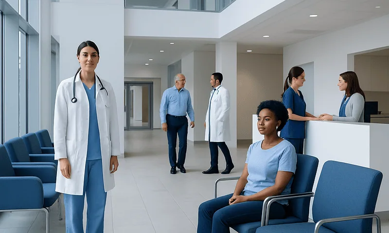 Brown vs White Eggs: Key Differences and How Doctors Tell Them Apart 4 Modern hospital lobby with medical staff and patients in a clean environment.