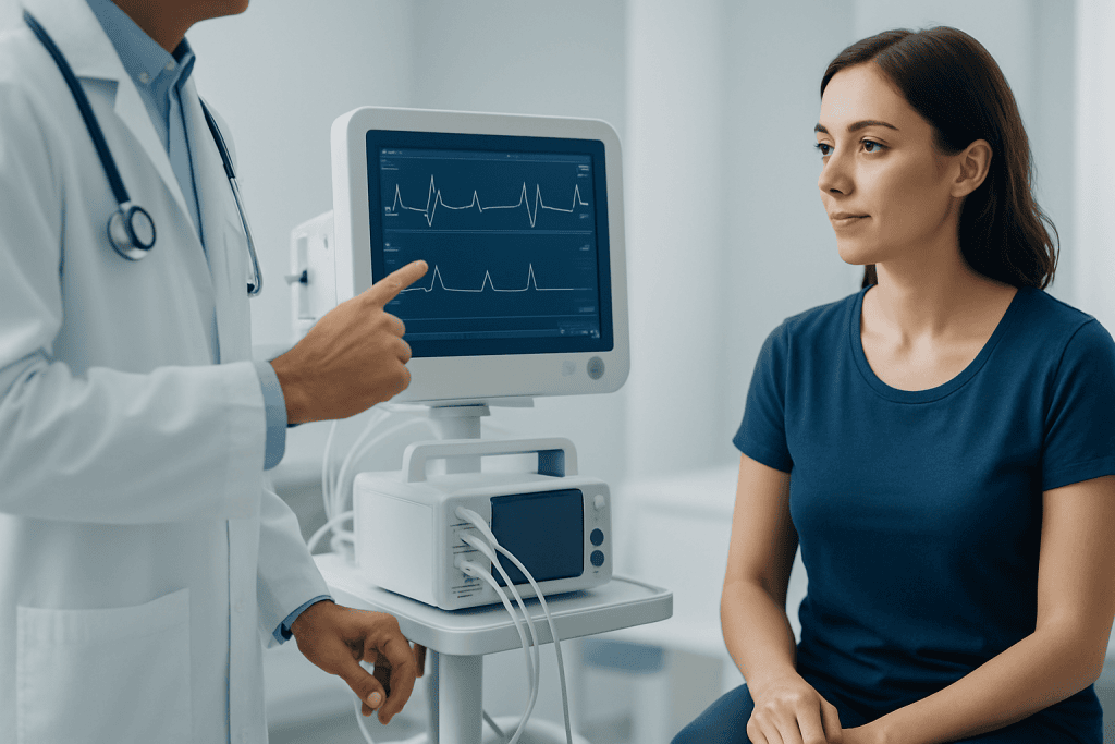 Doctor explaining heart monitor readings to a patient in a hospital setting.