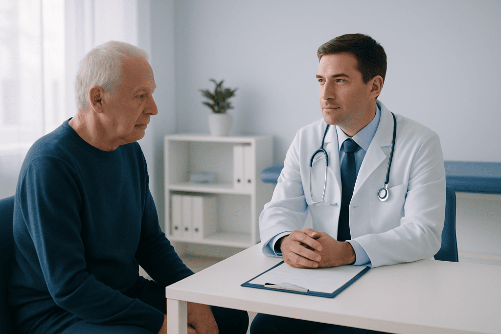 Doctor consulting with an elderly patient in a medical office.