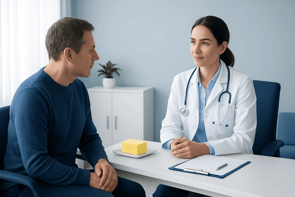 Doctor consulting with a patient in a medical office setting.