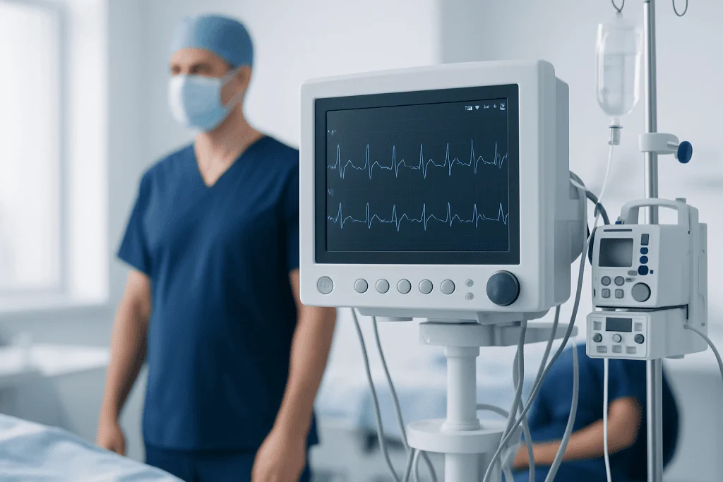 Medical professional in a hospital monitoring patient vital signs on a screen.