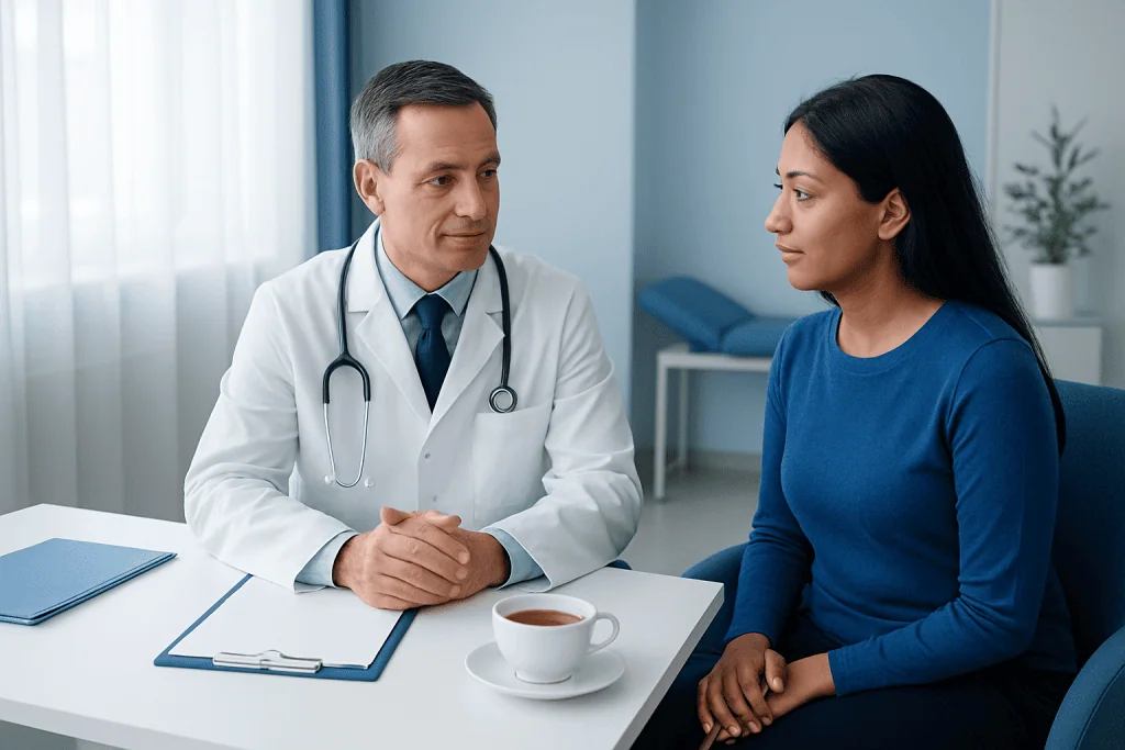 Doctor consulting female patient in a medical office setting.