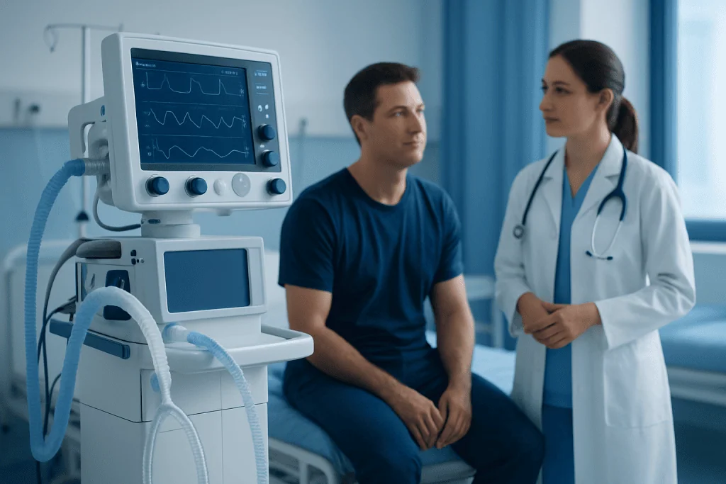 Doctor consulting patient in hospital room with medical monitor.