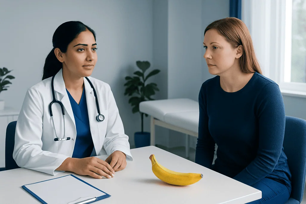 Doctor consulting with a patient in a medical office with a banana on the table.