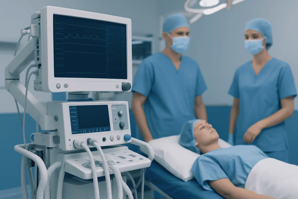 Medical team monitoring patient in hospital operating room.