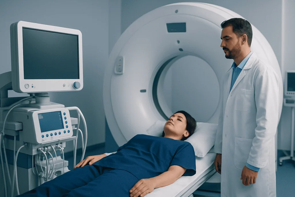 Medical professional prepares patient for MRI scan at Acibadem Hospital.