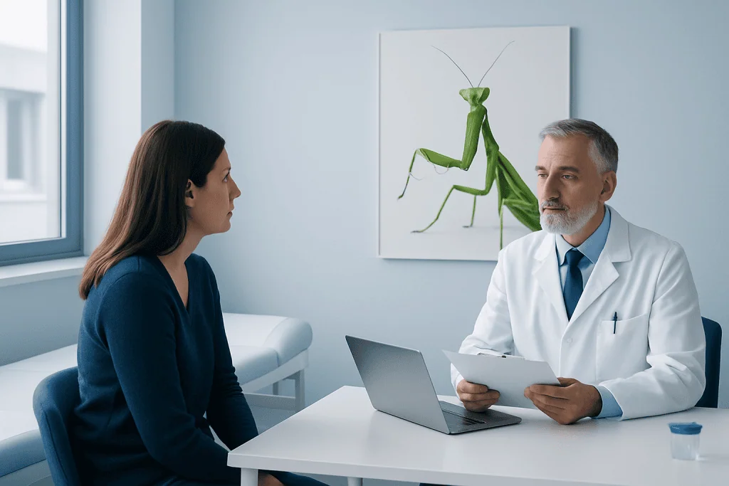 Doctor consulting with a patient in a medical office with a praying mantis artwork on the wall.