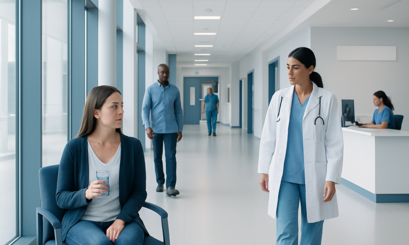 Patient in hospital corridor talking to healthcare professional.