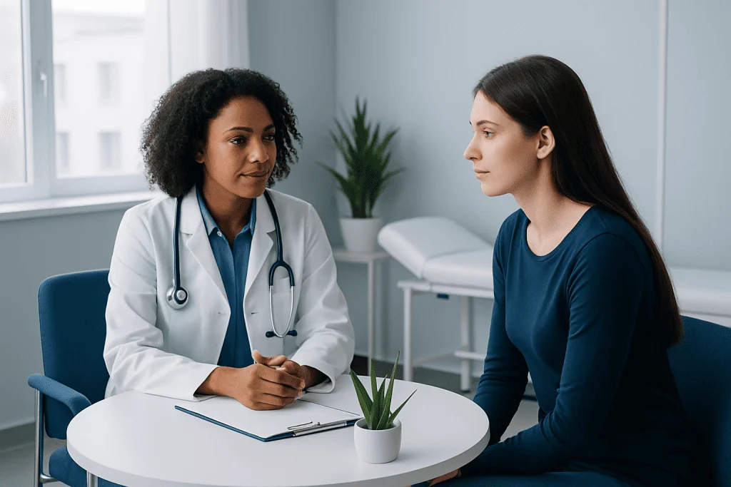 Doctor consulting with a patient in a modern medical office.