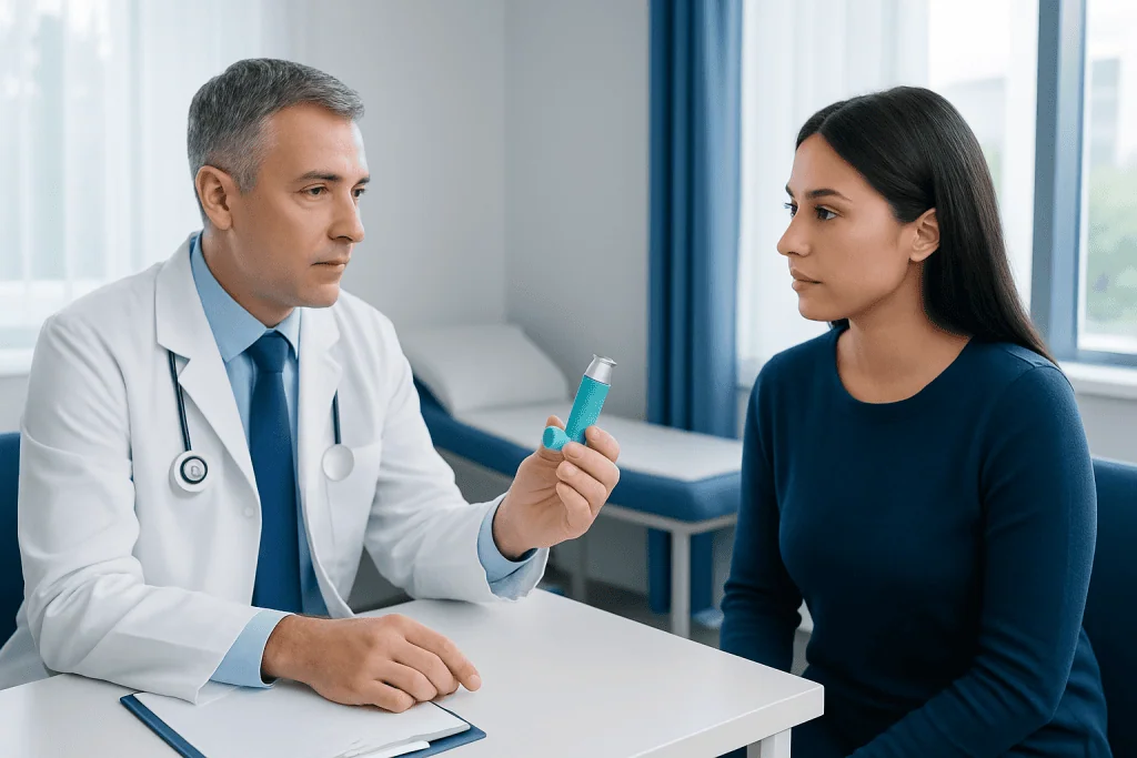 Doctor explaining inhaler use to a patient in a clinic setting.