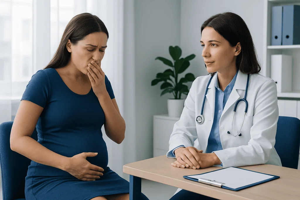 Pregnant woman consulting with doctor about nausea symptoms in pregnancy.
