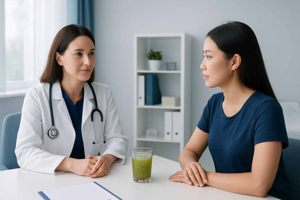 Doctor consulting a patient in a modern clinic setting.