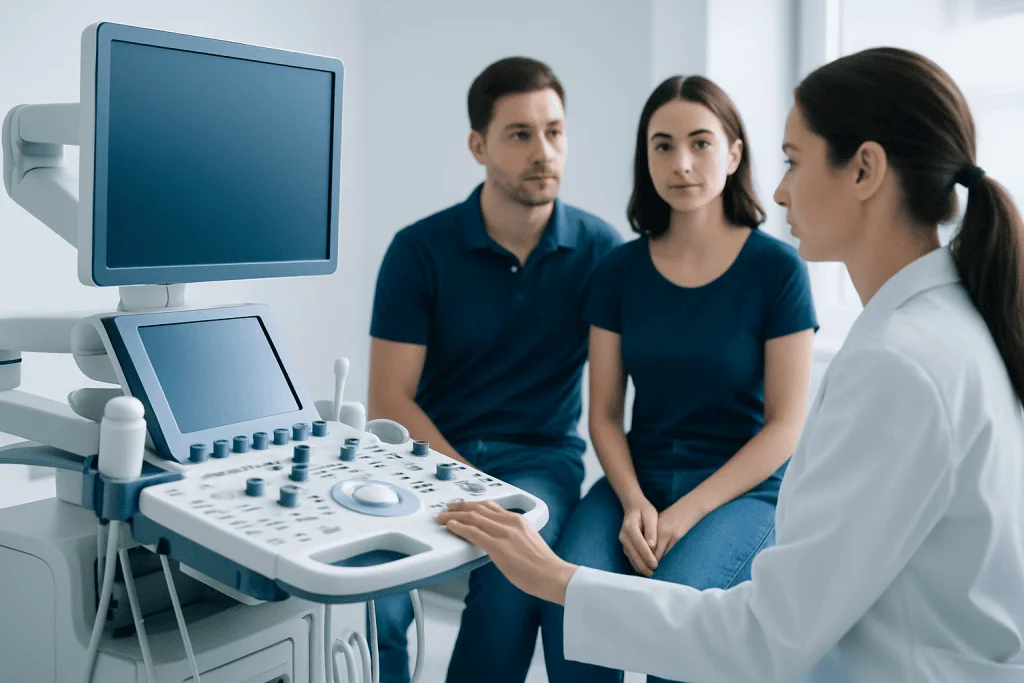 Doctor explaining ultrasound results to a couple in a medical consultation room.