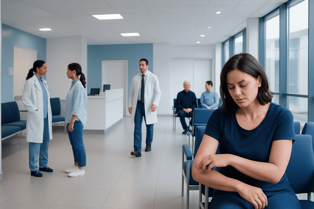 How to Cure Eczema Permanently? A Doctor-Reviewed Answer 1 Young woman waiting in a hospital corridor with medical staff in the background.