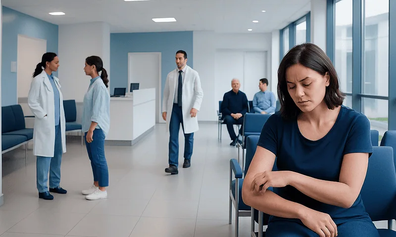 Young woman waiting in a hospital corridor with medical staff in the background.