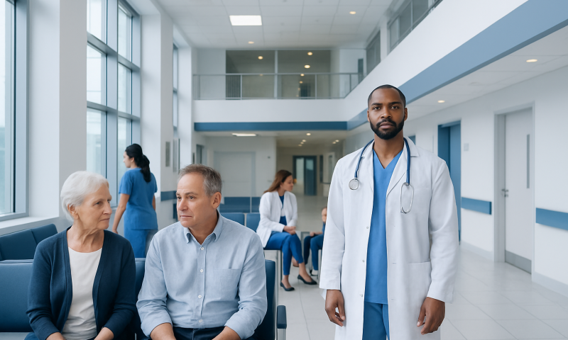 Healthcare professionals and patients in a modern hospital waiting area.
