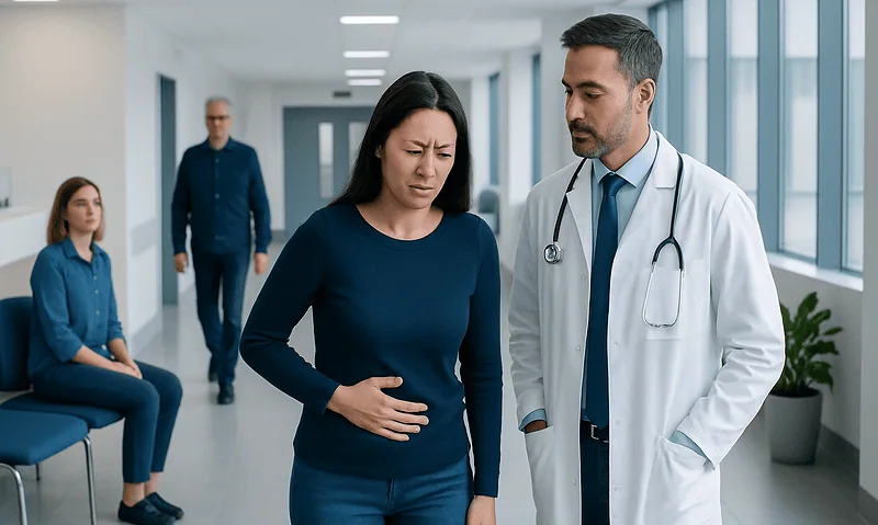 Patient experiencing abdominal pain consulting with a doctor in hospital corridor.