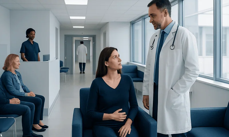 Doctor consulting female patient in hospital corridor with waiting patients.