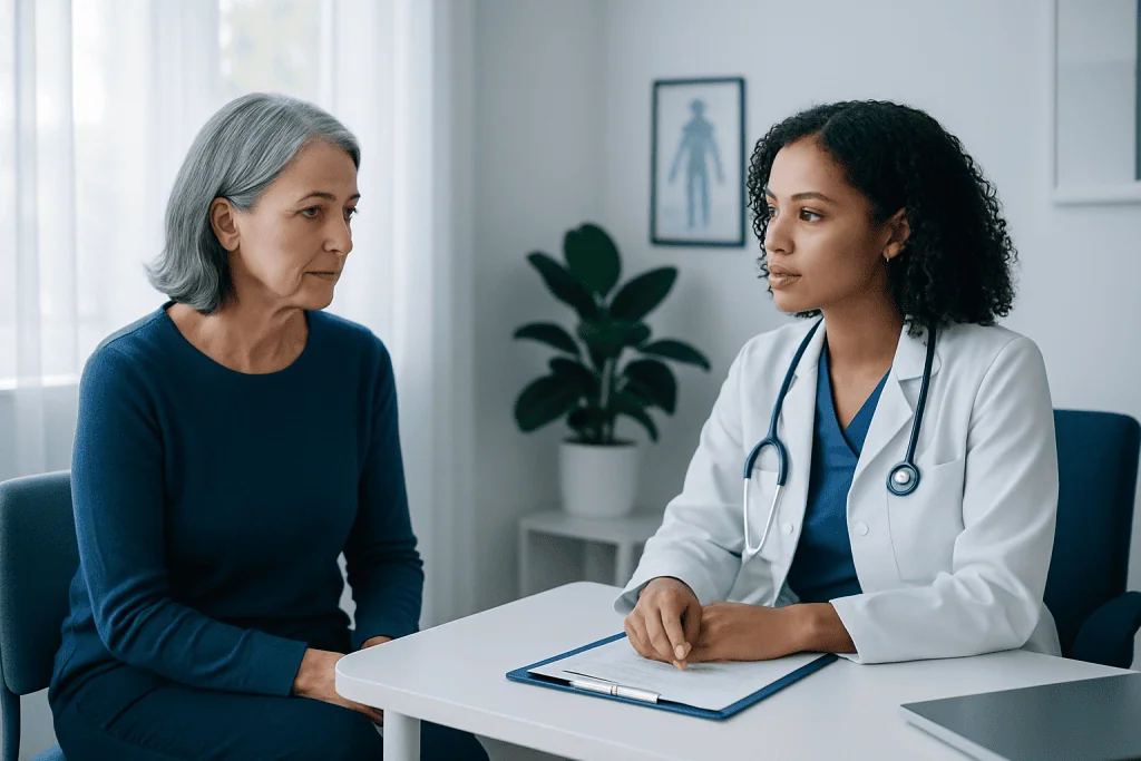 Doctor consulting with an older female patient in a medical office.