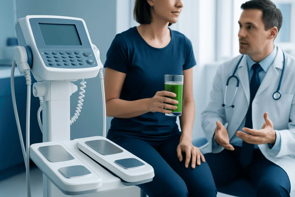 Doctor consulting patient with green juice in hospital setting.