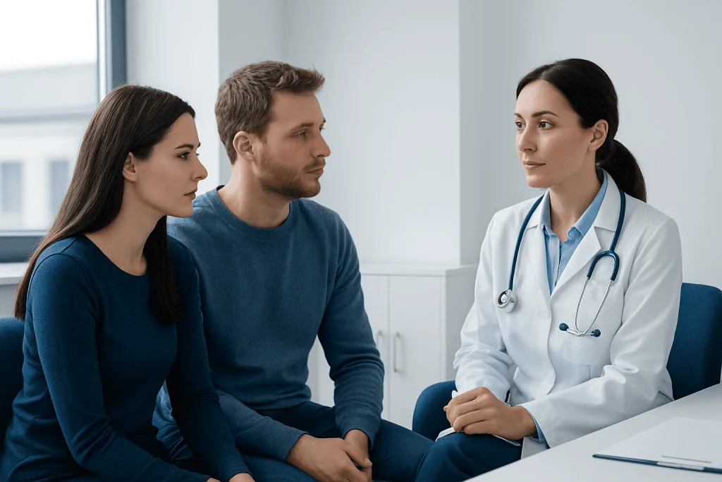 Doctor consulting with a couple in a medical office setting.