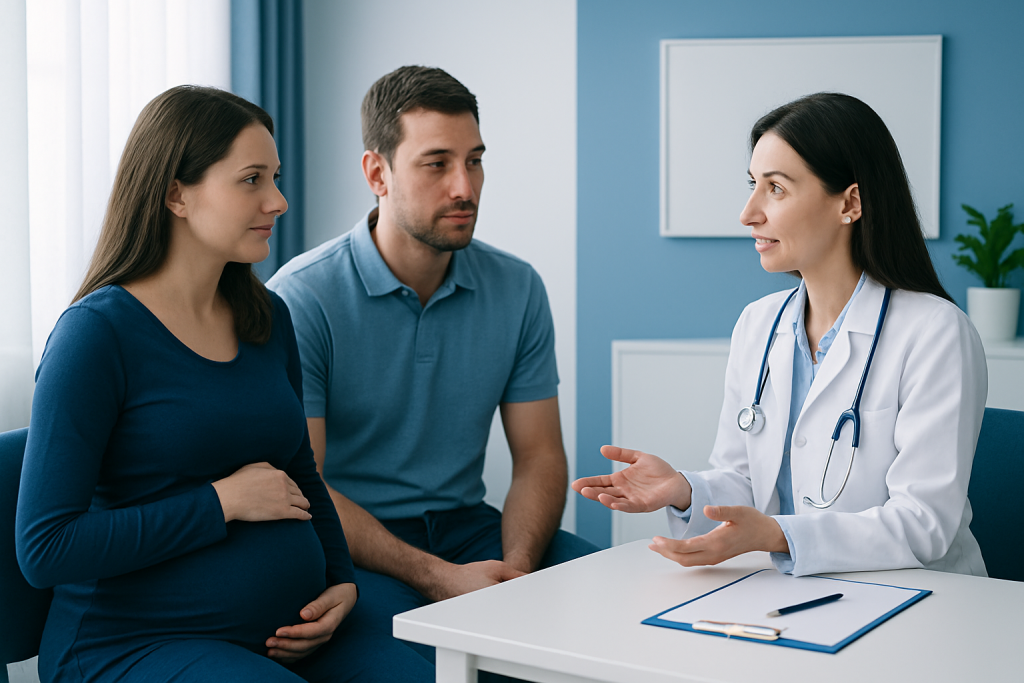 Pregnant woman consulting with doctor and partner in a medical office.