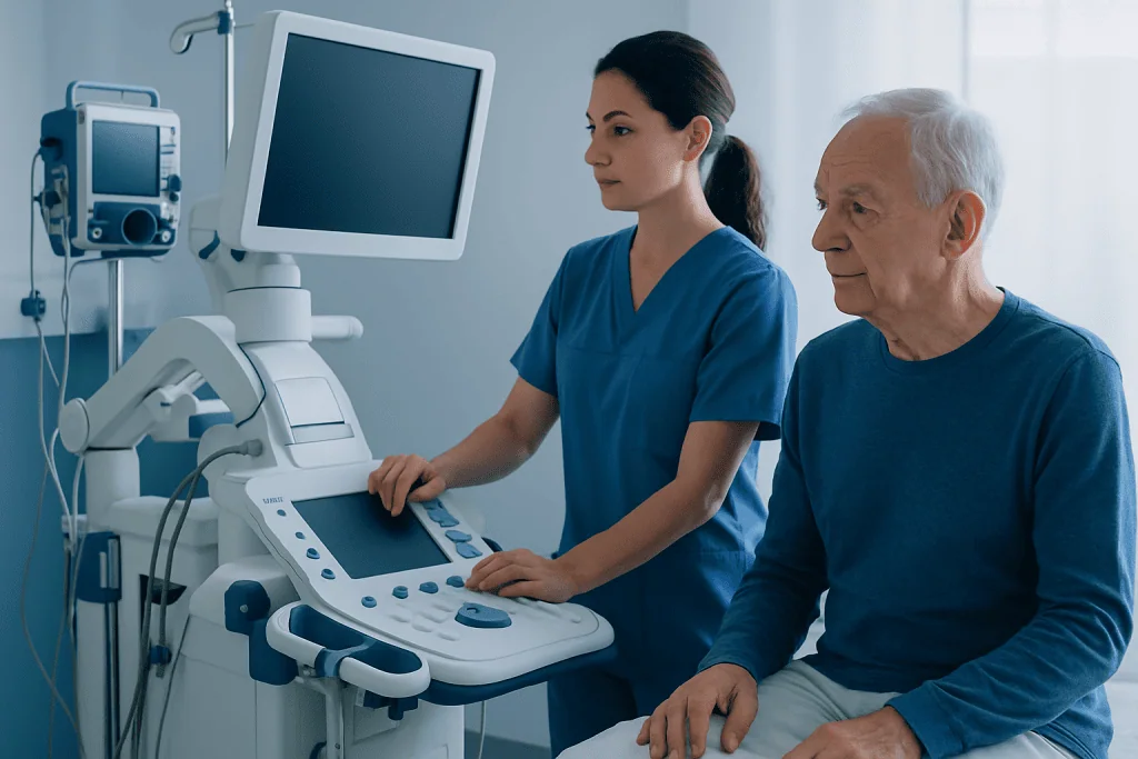 Medical professional performing an ultrasound on an elderly patient in a hospital.