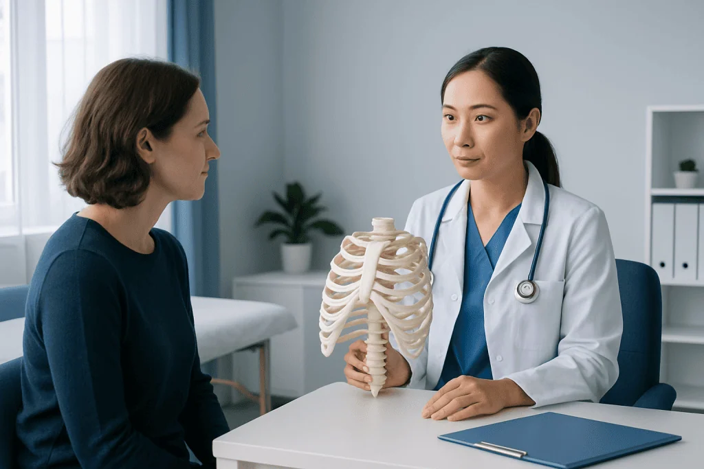 Doctor explaining rib anatomy to a patient in a medical consultation.