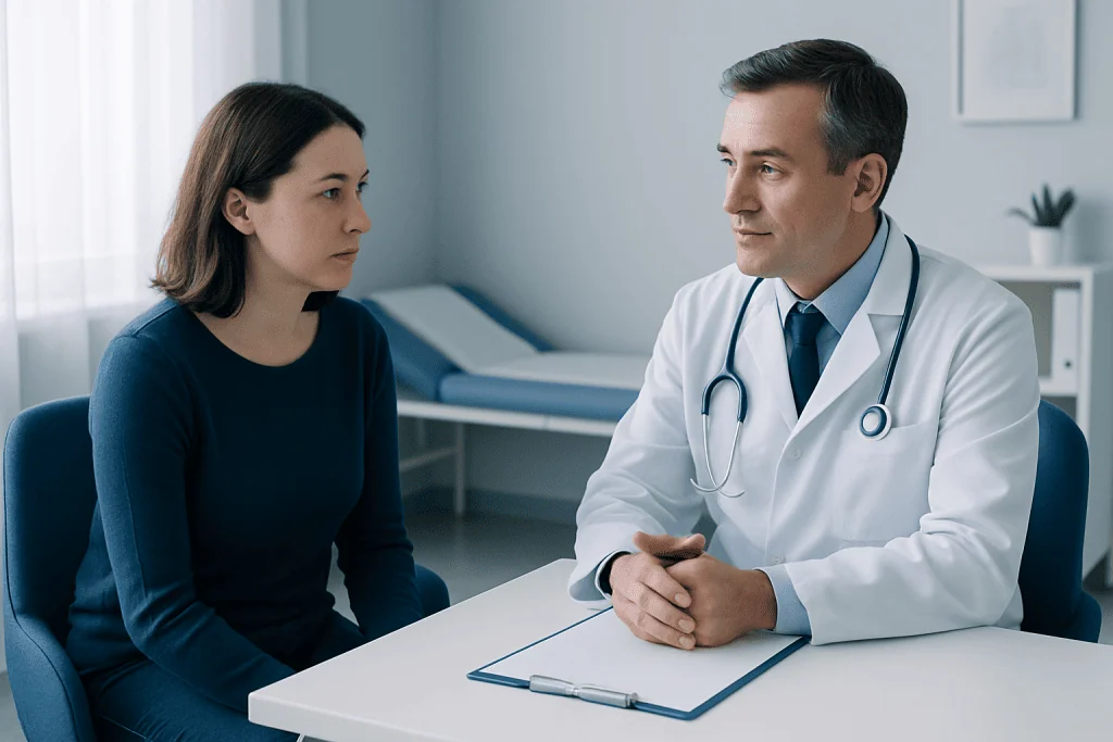 Doctor consulting with a female patient in a medical office.