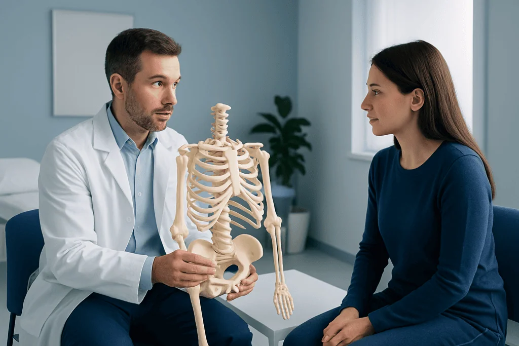 Doctor explaining human rib anatomy to a patient with a skeleton model.