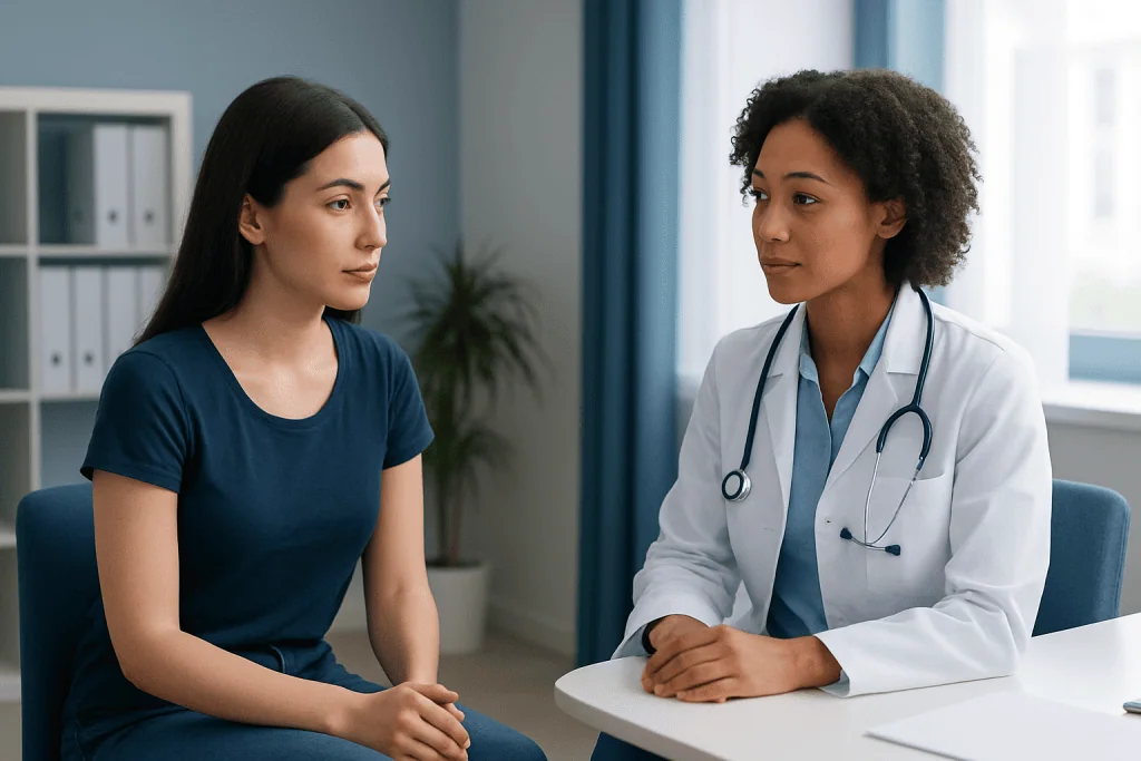 Doctor consulting with a young woman in a medical office setting.