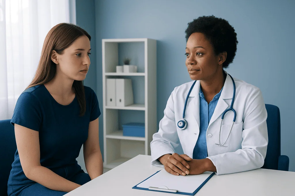 Doctor consulting with a young woman in a medical office setting.