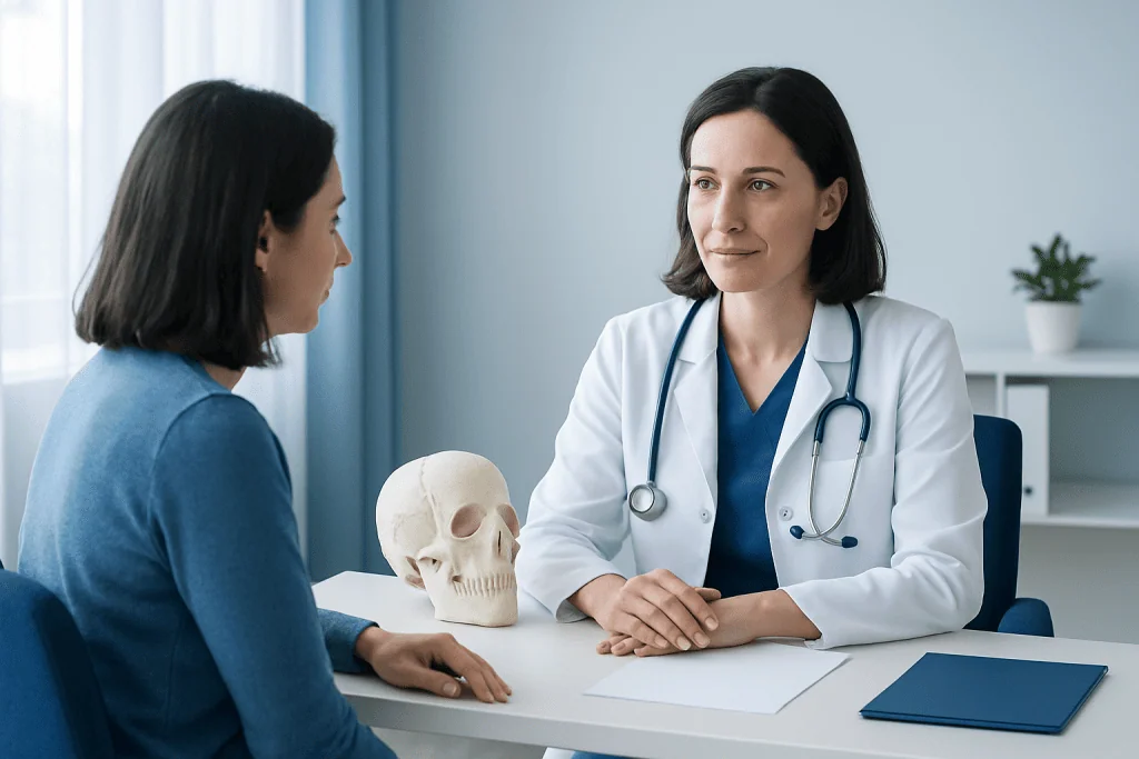 Doctor consulting patient about skull anatomy and sutures.