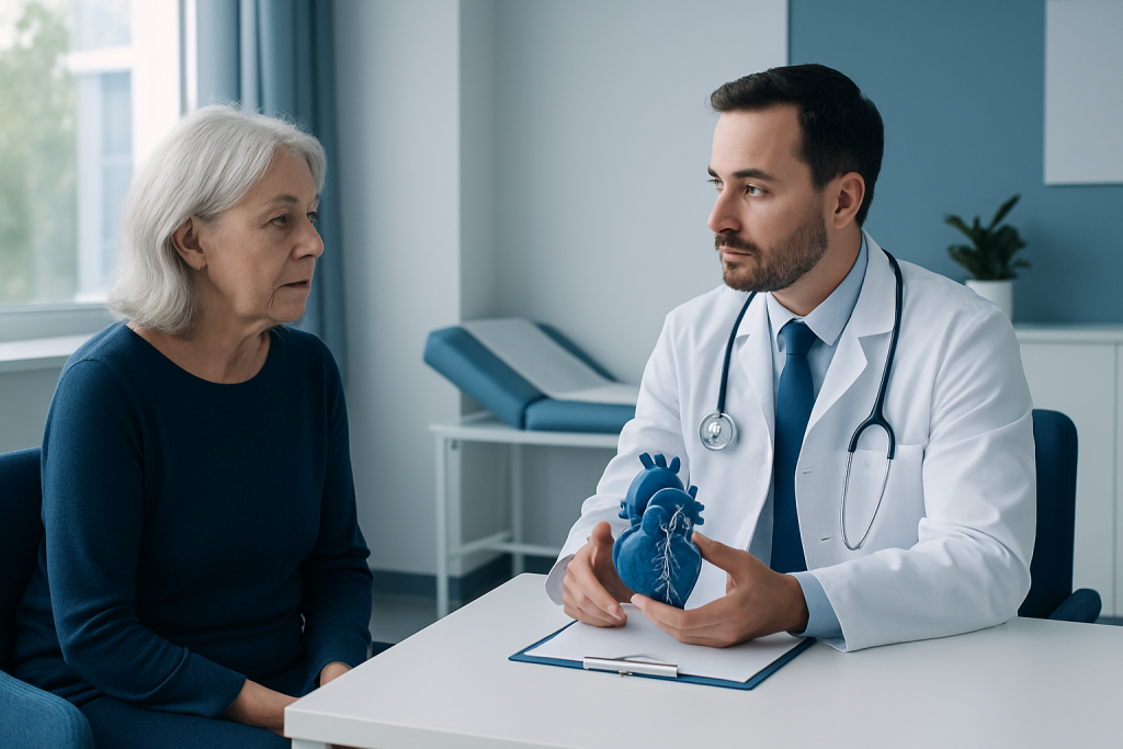 Cardiologist explaining heart health to an elderly woman in a medical office.