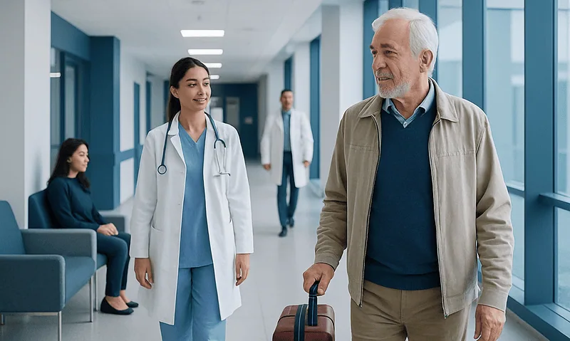 Senior man with luggage walking in hospital corridor with medical staff.