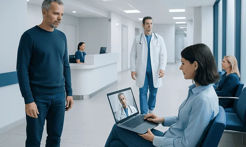 Patient consulting with doctor via telemedicine at Acibadem Hospital.