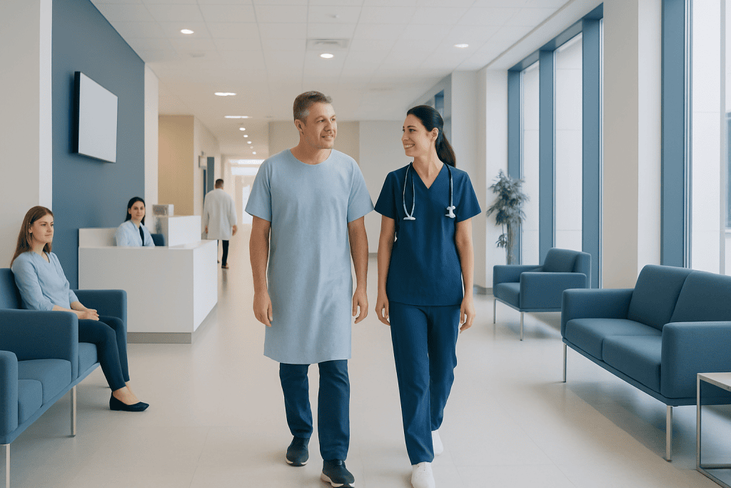 Same-Day Procedure in Turkey: Can You Return to Your Hotel Safely? 1 Patient walking with nurse in hospital corridor at Acibadem Hospitals Group.