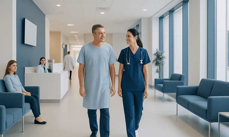 Patient walking with nurse in hospital corridor at Acibadem Hospitals Group.