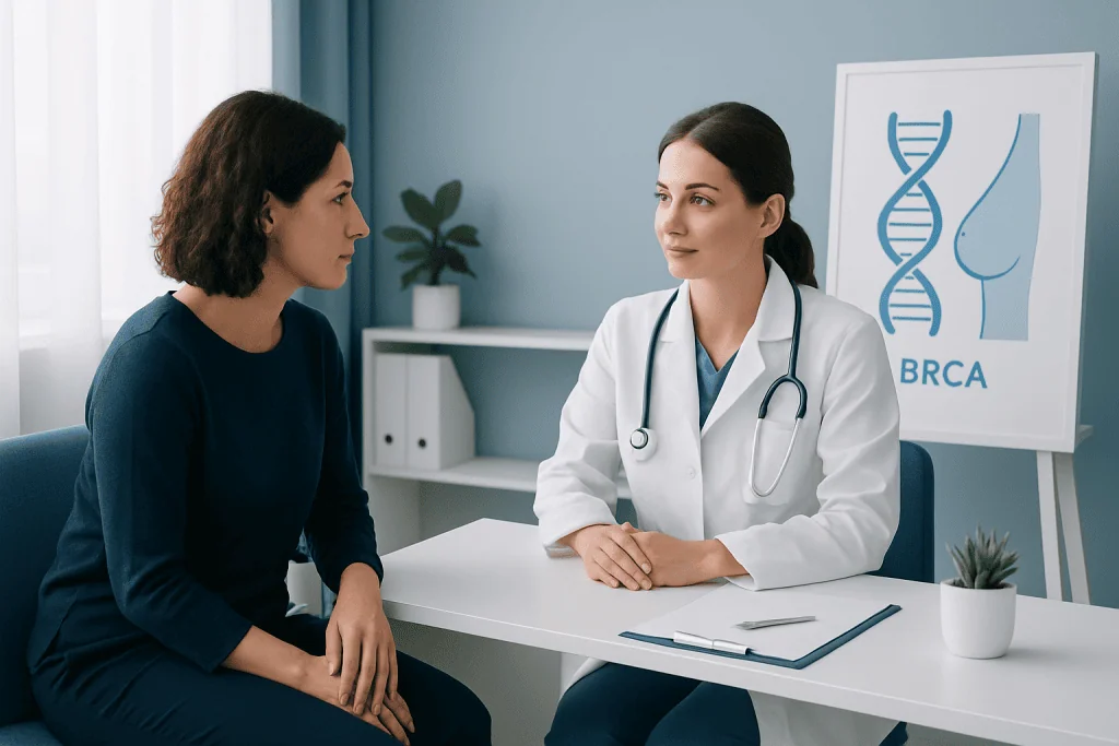 Doctor consulting patient about BRCA gene testing in a medical office.
