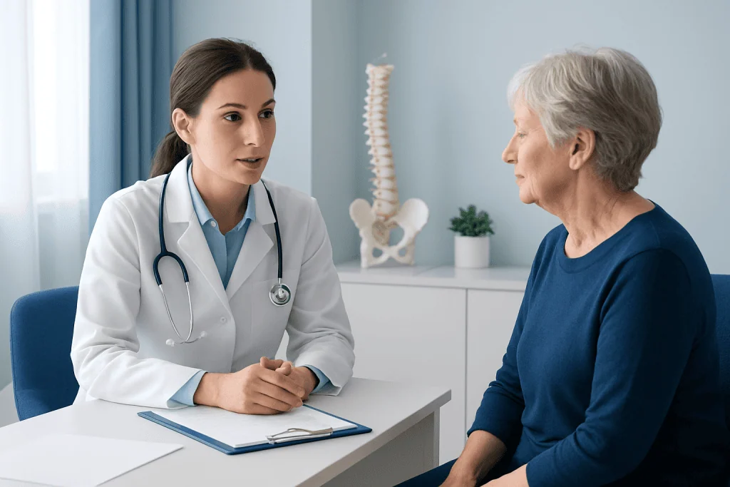 Doctor consulting with elderly patient in a medical office.