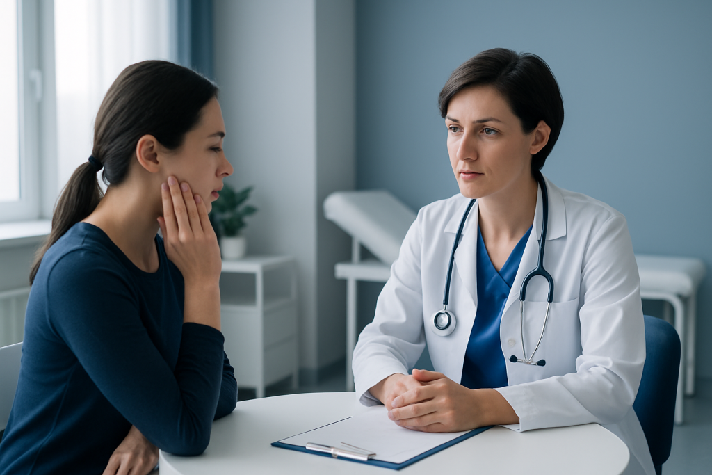 Doctor consulting with a patient about oral health issues in a clinic setting.