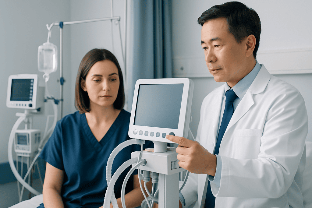 Doctor explaining medical equipment to a patient in hospital room.