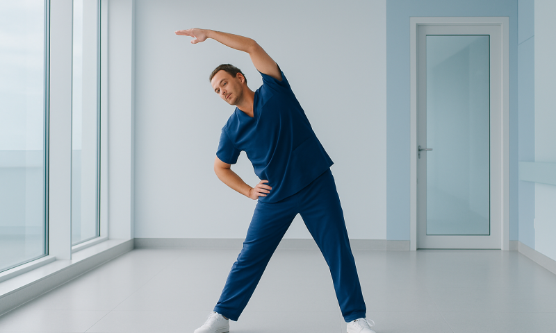 Physiotherapist performing stretching exercise in clinic.