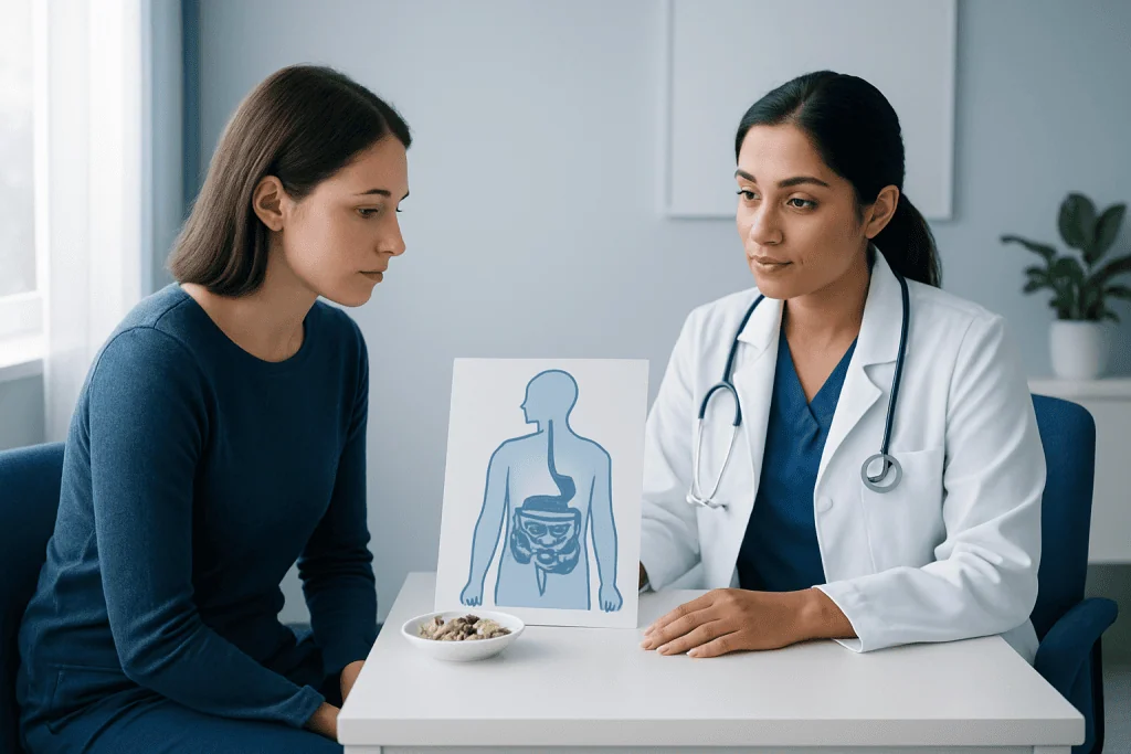 Doctor explaining digestive health to a patient with a diagram of the human digestive system.