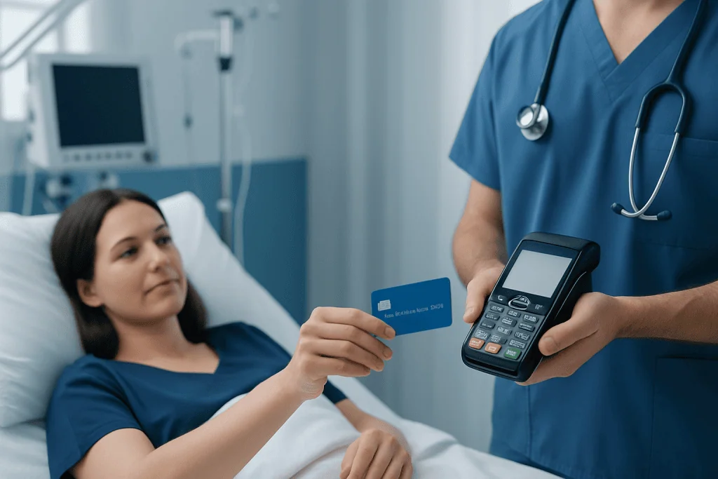 Patient paying with card using contactless payment in hospital.